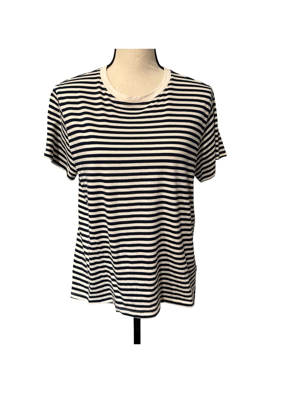 American Eagle Black & Cream Striped T-Shirt - Size L